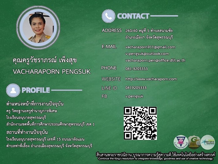 คุณครูวัชราภรณ์ เพ็งสุข โรงเรียนอนุบาลสุพรรณบุรี