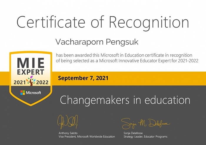 The award at an international level for Microsoft Innovative Educator Expert 2021-2022.